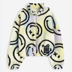 NWT Mr Smiley Teddy Zip Up Cardigan Multicolor Oversized Crop